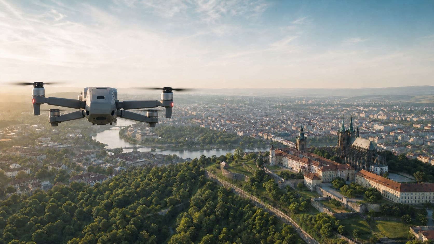 Dron vlevo v popředí letící nad městem a zámeckým areálem